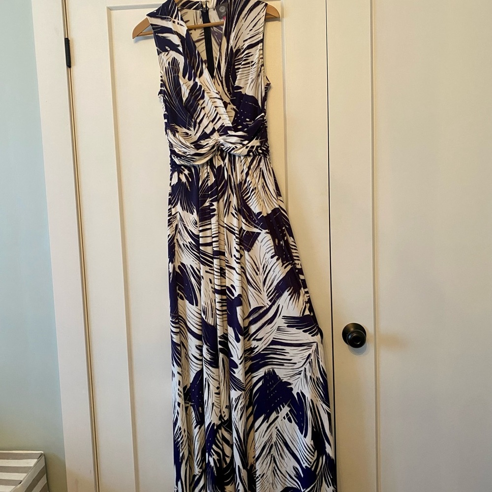Vince Camuto Navy and White Palm-Print Maxi Dress